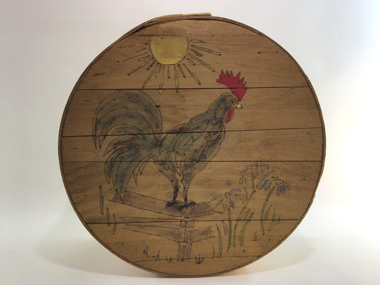 Wooden Cheese Box Sewing Basket Vintage Country Kitchen Farmhouse Decor Pyrography Rooster