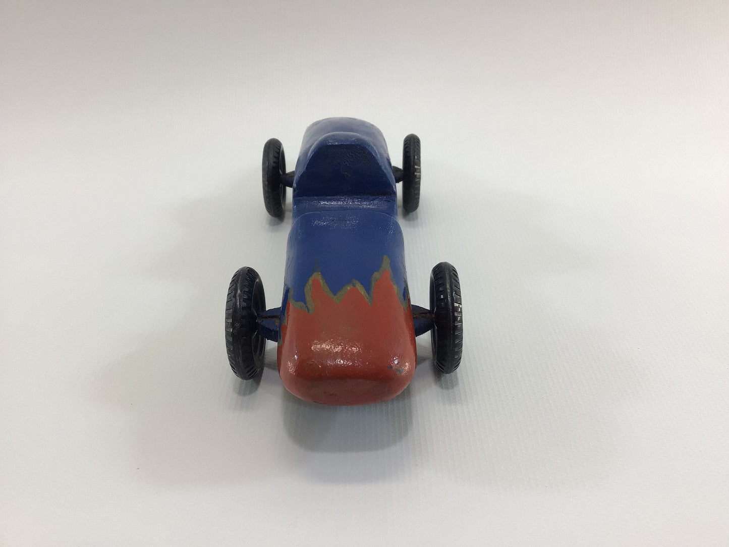 Early Pinewood Derby Race Car Blue Flame Boattail Era Style Vintage Handcrafted Wooden Toy