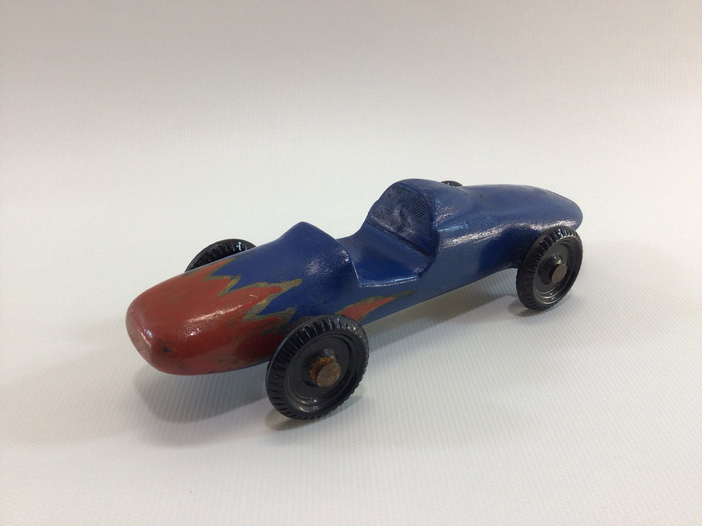 Early Pinewood Derby Race Car Blue Flame Boattail Era Style Vintage Handcrafted Wooden Toy