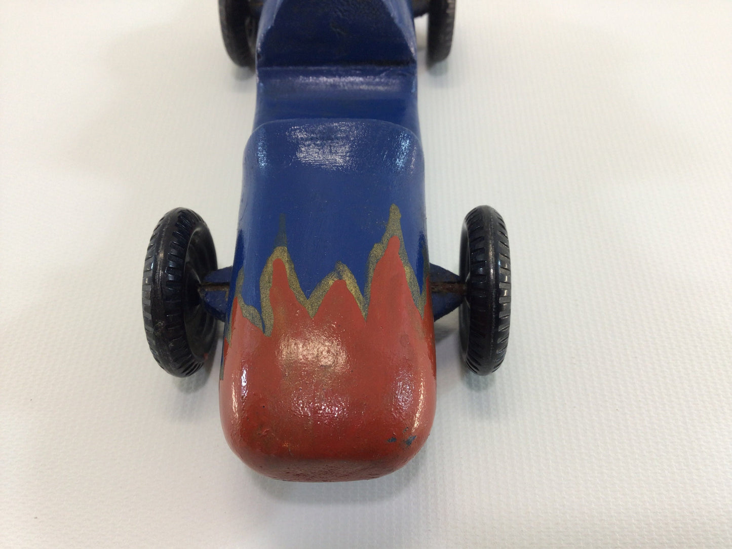 Early Pinewood Derby Race Car Blue Flame Boattail Era Style Vintage Handcrafted Wooden Toy