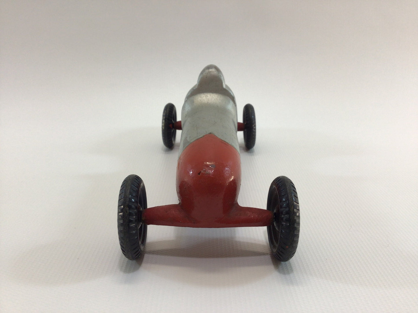 Early Pinewood Derby Race Car Silver Red Boattail Era Style Vintage Handcrafted Wooden Toy