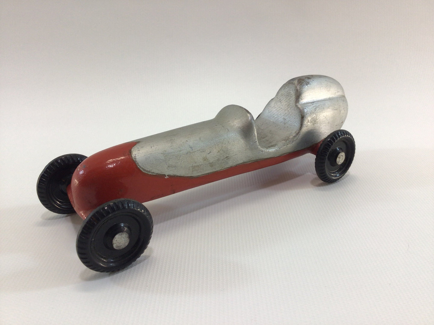 Early Pinewood Derby Race Car Silver Red Boattail Era Style Vintage Handcrafted Wooden Toy