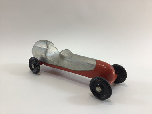 Early Pinewood Derby Race Car Silver Red Boattail Era Style Vintage Handcrafted Wooden Toy