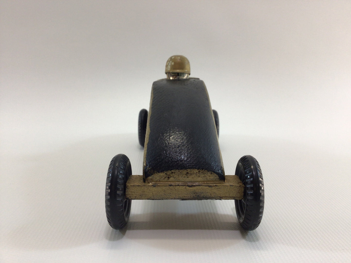 Early Pinewood Derby Race Car Black Gold with Driver Boattail Era Style Vintage Handcrafted Wooden Toy