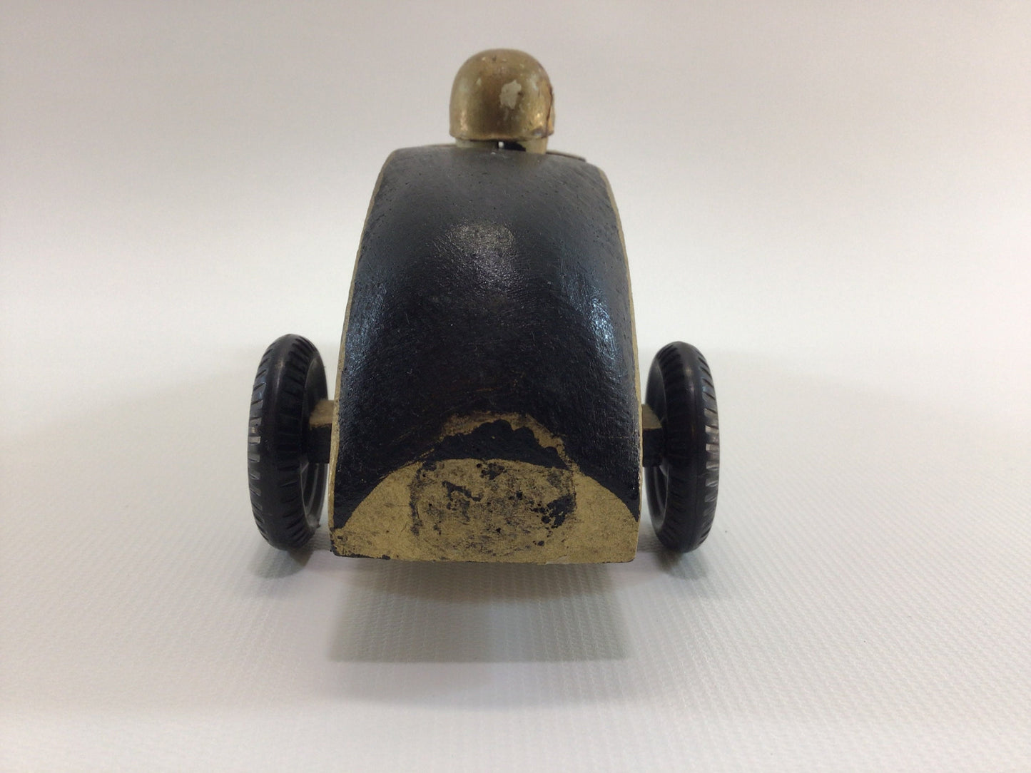 Early Pinewood Derby Race Car Black Gold with Driver Boattail Era Style Vintage Handcrafted Wooden Toy