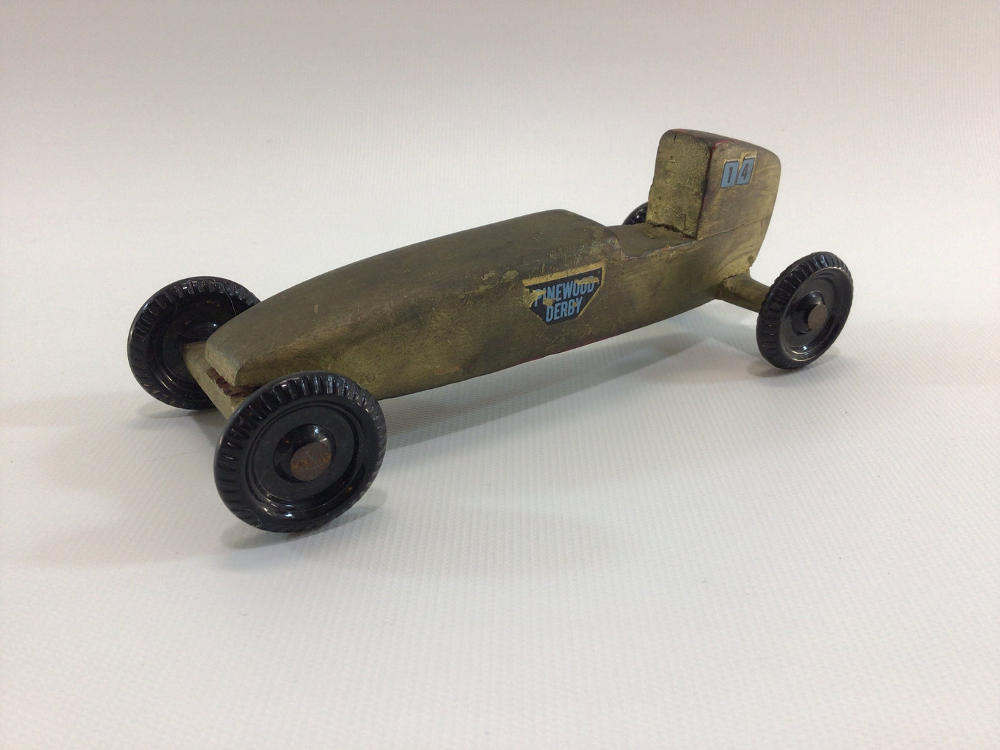 Early Pinewood Derby Race Car Gold Boattail Era Style Vintage Handcrafted Wooden Toy