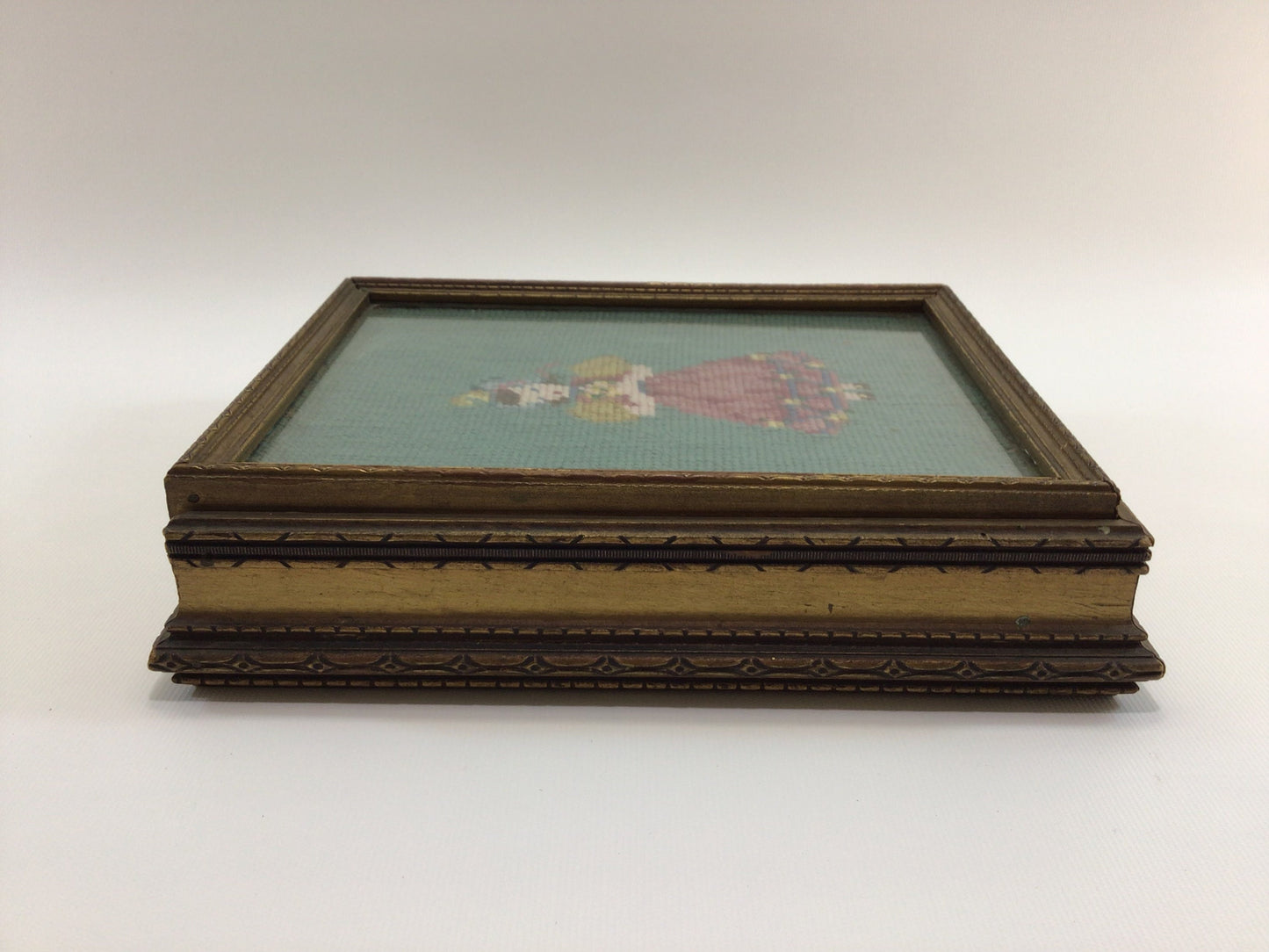 Vintage Handmade Picture Frame Storage Box with Needlepoint under Plexiglass