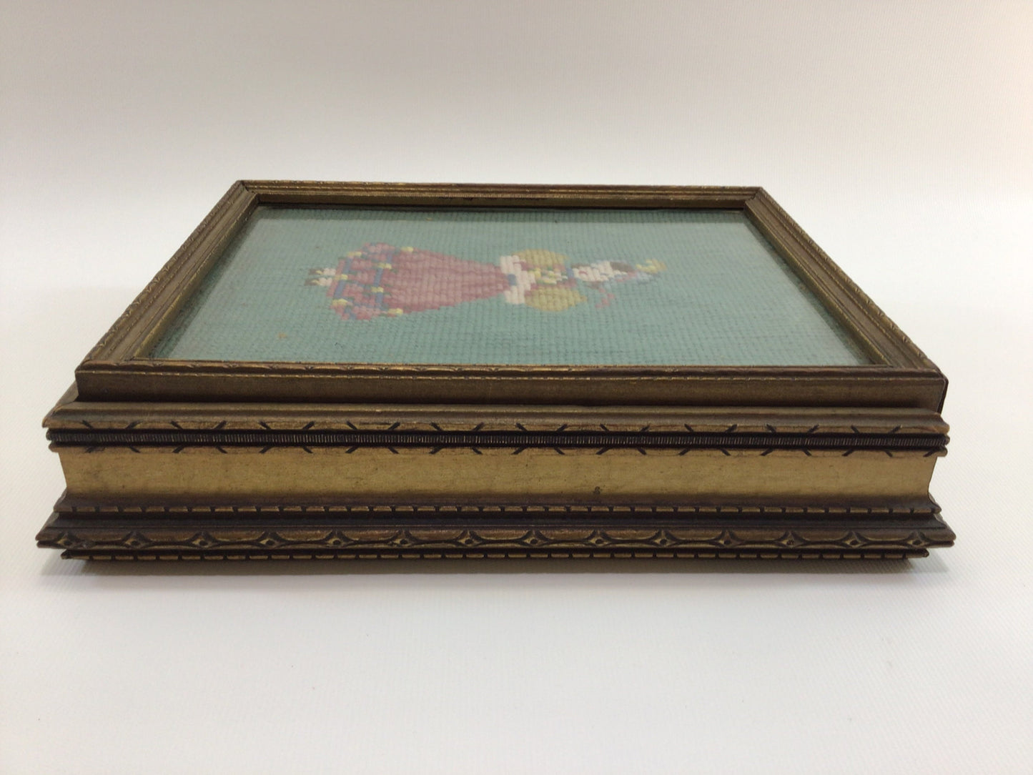 Vintage Handmade Picture Frame Storage Box with Needlepoint under Plexiglass