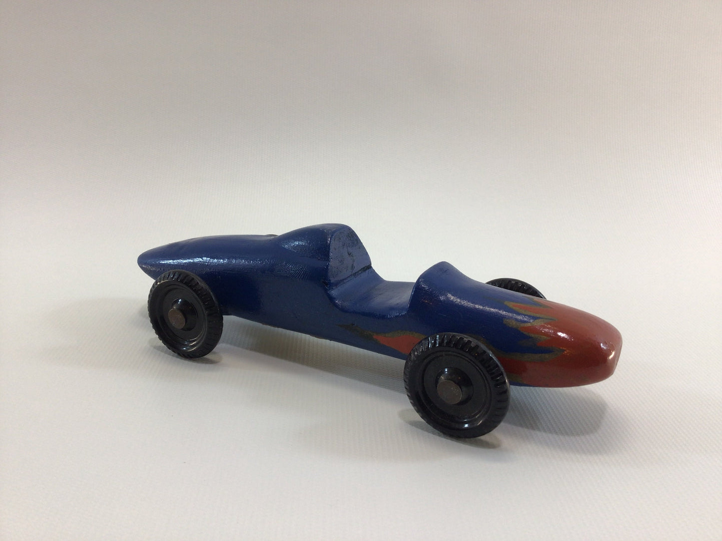 Early Pinewood Derby Race Car Blue Flame Boattail Era Style Vintage Handcrafted Wooden Toy