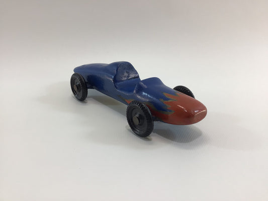 Early Pinewood Derby Race Car Blue Flame Boattail Era Style Vintage Handcrafted Wooden Toy