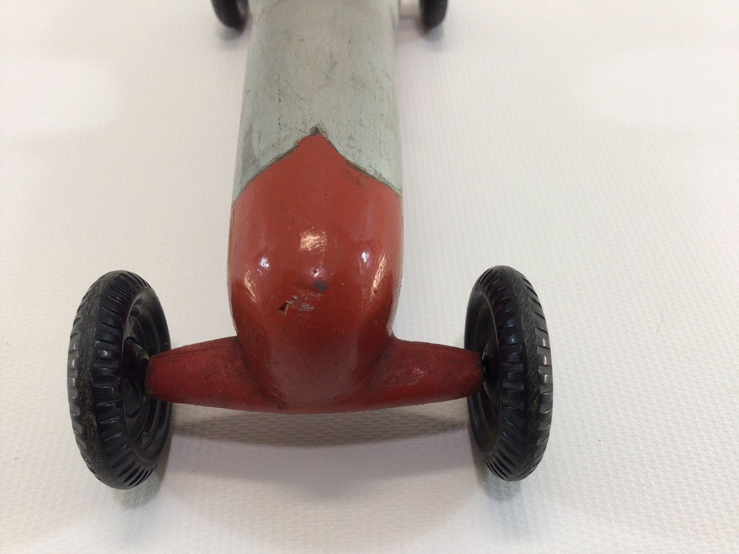 Early Pinewood Derby Race Car Silver Red Boattail Era Style Vintage Handcrafted Wooden Toy