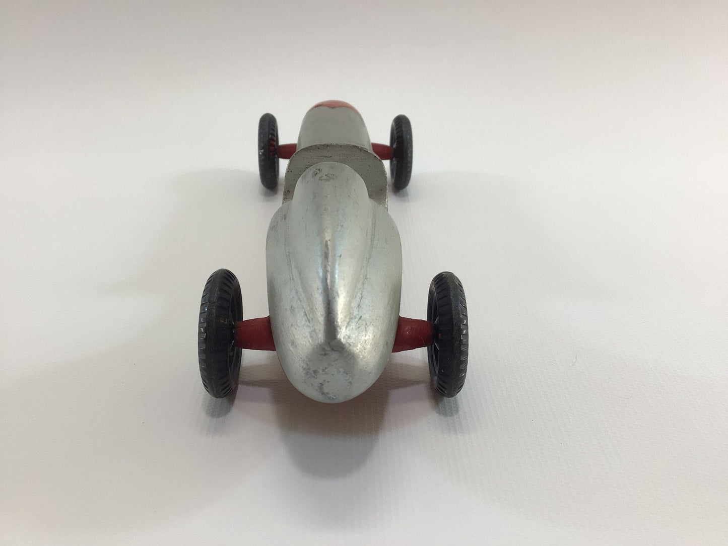 Early Pinewood Derby Race Car Silver Red Boattail Era Style Vintage Handcrafted Wooden Toy