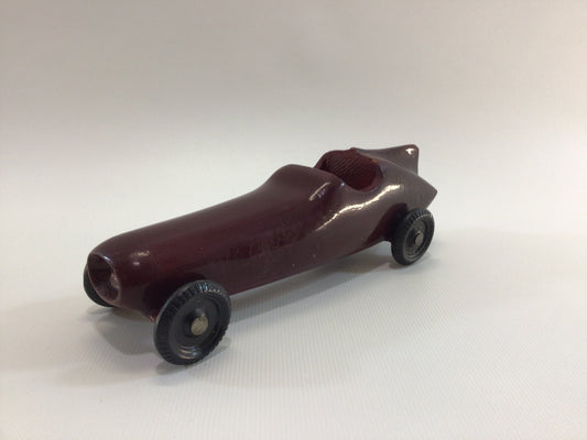 Early Pinewood Derby Race Car Dark Red Fins Boattail Era Style Vintage Handcrafted Wooden Toy