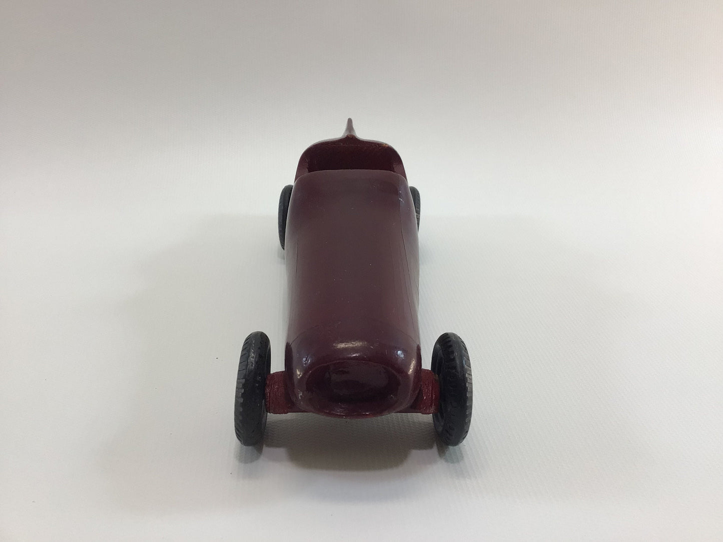 Early Pinewood Derby Race Car Dark Red Fins Boattail Era Style Vintage Handcrafted Wooden Toy