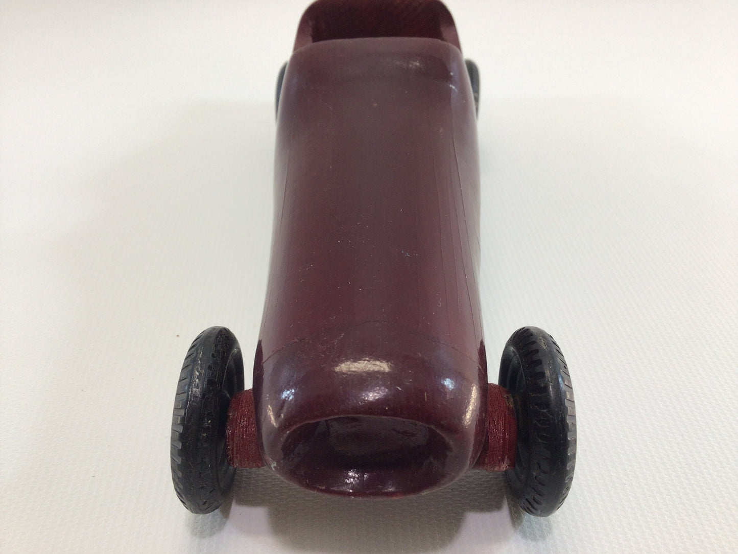 Early Pinewood Derby Race Car Dark Red Fins Boattail Era Style Vintage Handcrafted Wooden Toy