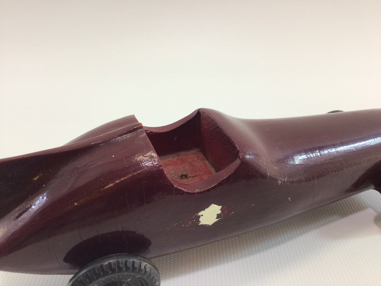 Early Pinewood Derby Race Car Dark Red Fins Boattail Era Style Vintage Handcrafted Wooden Toy