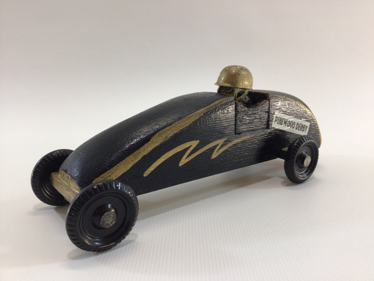 Early Pinewood Derby Race Car Black Gold with Driver Boattail Era Style Vintage Handcrafted Wooden Toy