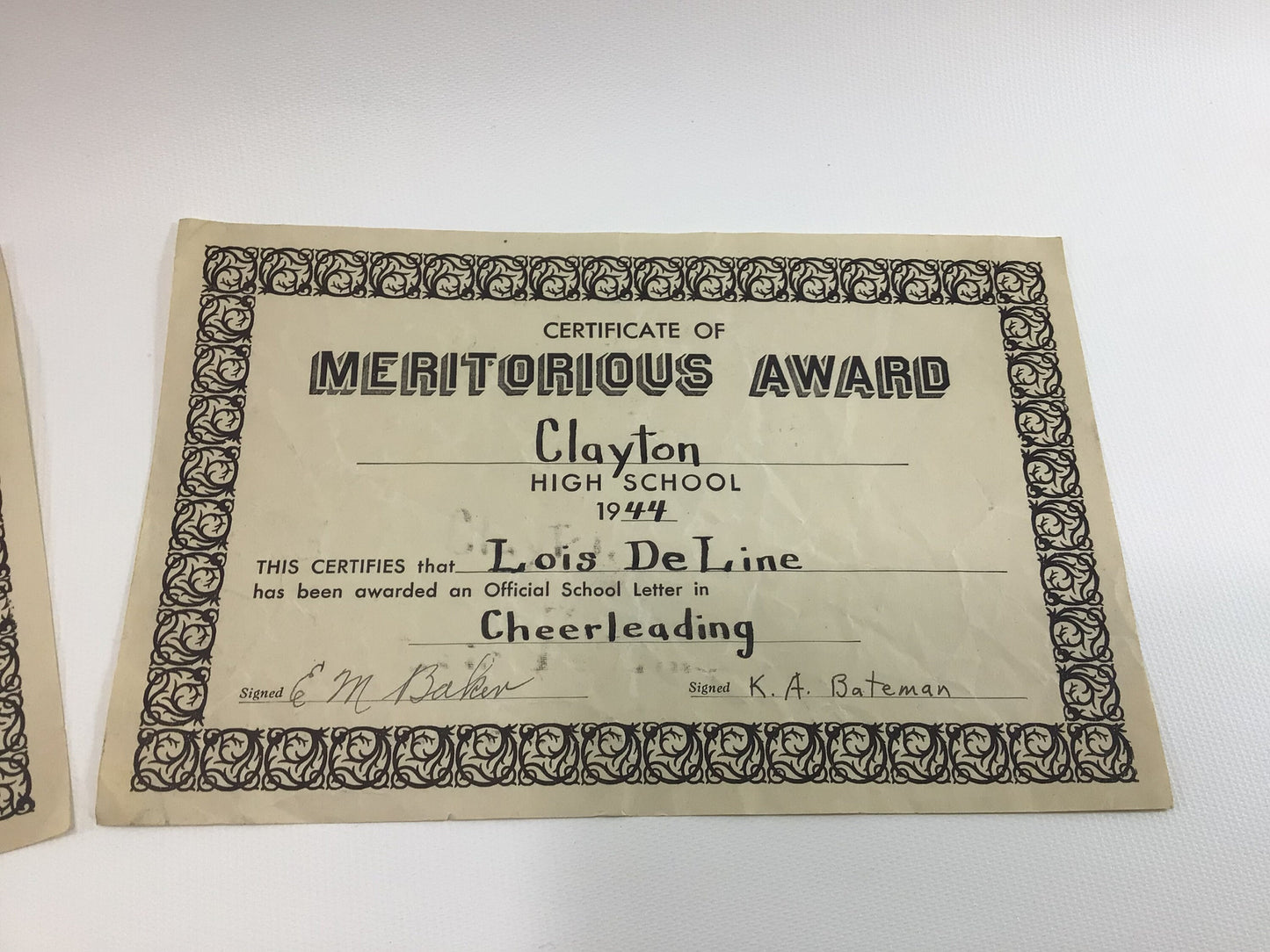 Cheerleader Certificates 1940's Michigan Clayton High School Handwritten Vintage Ephemera