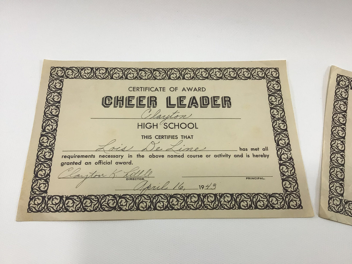 Cheerleader Certificates 1940's Michigan Clayton High School Handwritten Vintage Ephemera