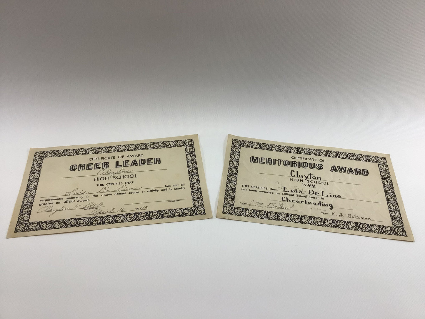 Cheerleader Certificates 1940's Michigan Clayton High School Handwritten Vintage Ephemera