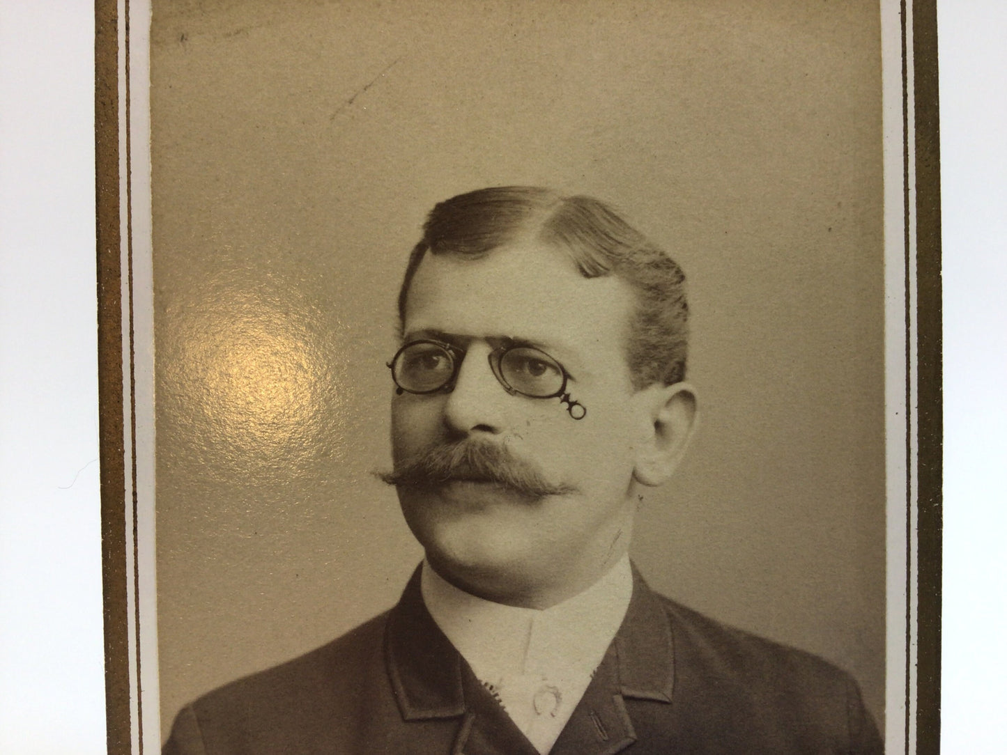 Antique CDV Cabinet Card Photograph Young Man with Handlebar Moustache Victorian Gerhardt Family Album 2.5" x 4" Photo