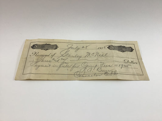 1925 Personal Check No 8 Camp Fees Vintage Adrian Michigan Ephemera