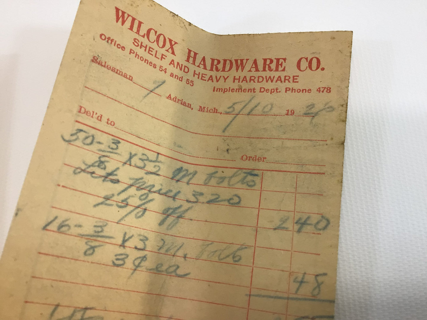 1920s Hardware Store Receipts Vintage  Adrian Michigan Ephemera Wilcox Hardware Co