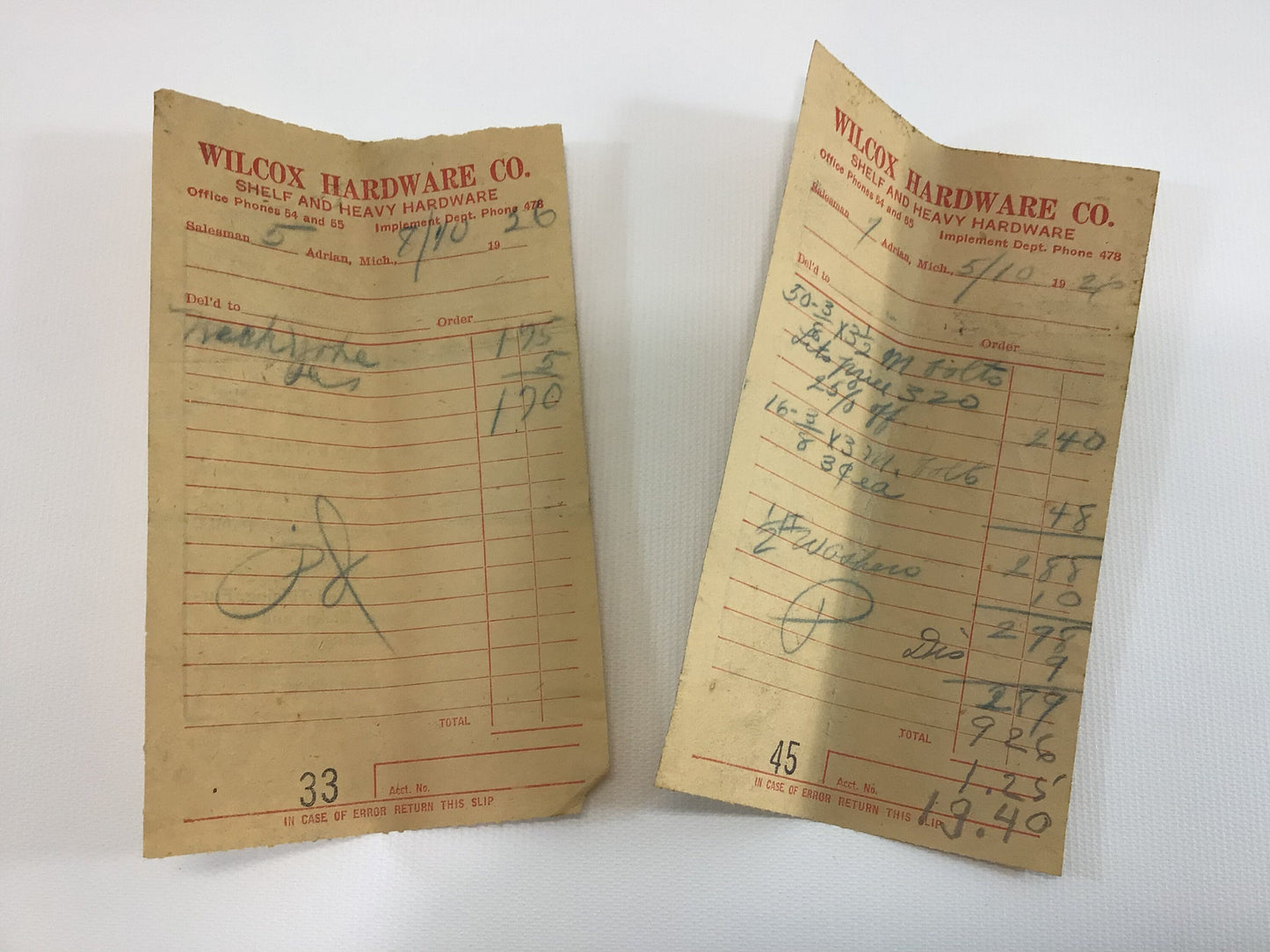 1920s Hardware Store Receipts Vintage  Adrian Michigan Ephemera Wilcox Hardware Co