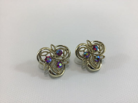 Coro Clip-On Earrings Gold Tone Aurora Borealis AB Vintage Costume Fashion Jewelry