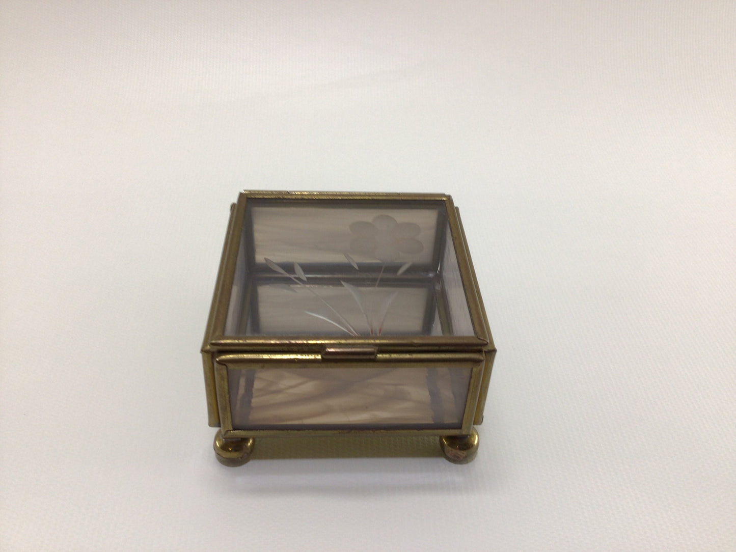 Flower Trinket Box Jewelry Casket Cut Glass Mirrored Brass Framed Vintage Vanity Decor Made in Mexico