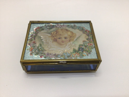 Angel Trinket Box Jewelry Casket Thomas Cathey Artwork Underlay Mirrored Brass Framed Vintage Vanity Decor