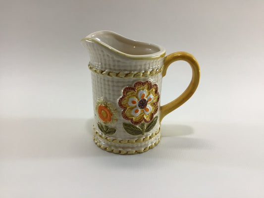 Ceramic Creamer Pitcher Basket Weave with Raised Retro Flowers Vintage Farmhouse Country Kitchen Decor