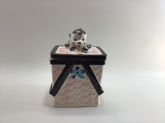 Cookie Jar Napco Puppy in Pink Picnic Basket Vintage Ceramic Country Kitchen Collectible Cute Kitschy Home Decor G 1908