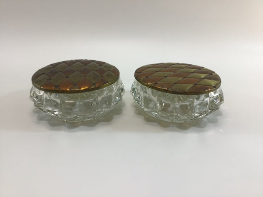 Powder Box Trinket Jewelry Dishes with Brass Patina Diamond Pattern Lids Vintage 70s Cut Crystal Vanity Dresser Home Decor Storage Container