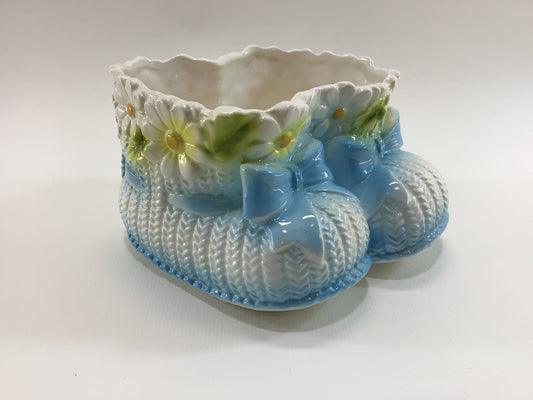 Blue White Daisies Baby Booties Ceramic Planter No 6231 Mid Century Relpo Japan Cute Kitschy Children's Decor Baby Shower Storage Container