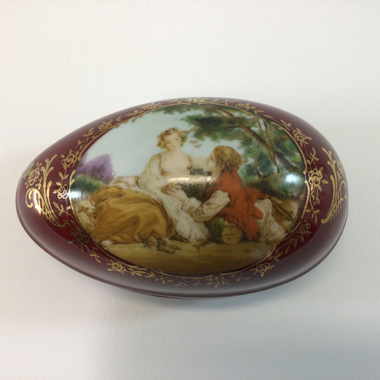 Red Porcelain Egg Trinket Box Dish Applied Victorian Love Portrait Motif with Gold Gilt Mid Century Reproduction Vanity Dresser Home Decor