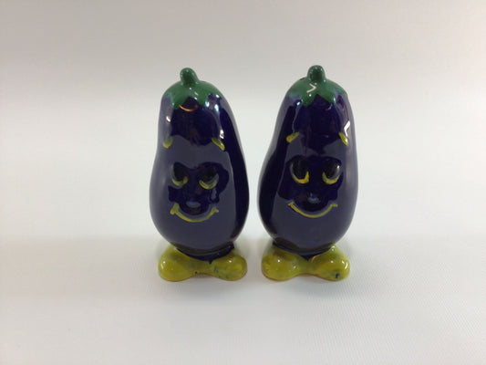 Anthropomorphic 5" Eggplant Veggie People Salt Pepper Shaker Set Vintage Ceramic Colorful Cold Paint Fun Kitschy Made in Japan Home Decor