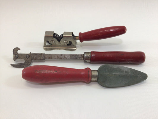 Small Kitchen Utensils Lot Red Handle Knife Sharpeners and Bottle Can Opener Vintage 1940's Original Shabby Chic Cottage Core Home Decor