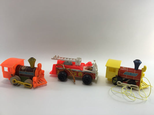 Fisher Price Pull Toys Lot of 3 Small Vintage Toddler Pretend Play Vehicles Chug Chug Fire Engine Toot Toot Mid Century Wooden Construction