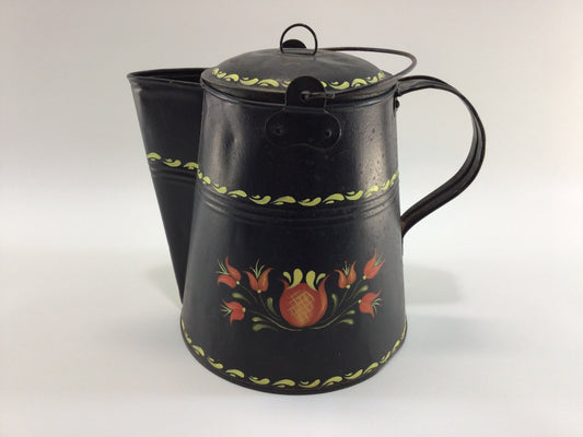 Black Tin Coffee Pot Vintage Hand Painted Toleware Rustic Primitive Farmhouse Country Kitchen Cottage Core Home Decor Red Floral Motif