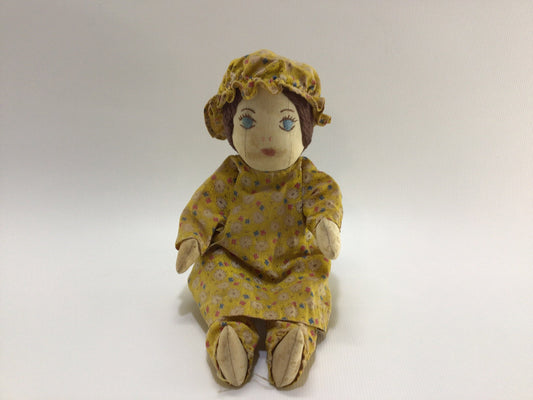 Vintage Rag Doll 9" Articulated Arms and Legs Embroidered Face in Yellow Floral Pajamas and Nightcap Primitive Rustic Folk Art Home Decor