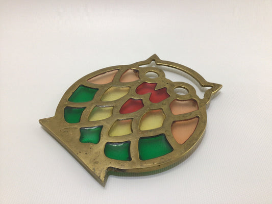 Vintage Brass Owl Trivet Multi Color Resin Light Catcher Window Kitchen Counter Retro 80s Bright Fun Utilitarian Home Decor