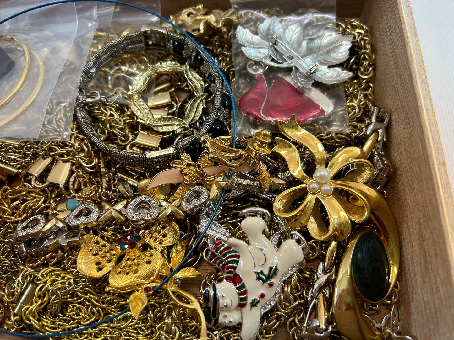 Jewelry Mix Box Lot Rhinestone Necklace Earring Ring Brooch Bracelet Wear Reuse Repupose Altered Art or Mixed Media Assemblage New and Used