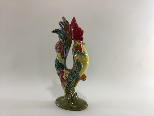 Rooster Figurine 12" Mid Century Ceramic Hobbyist Piece 70s Retro Multi Color Farmhouse Country Cottage Kitchen Home Decor Green Base