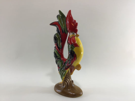 Rooster Figurine 12" Mid Century Ceramic Hobbyist Piece 70s Retro Multi Color Farmhouse Country Cottage Kitchen Home Decor Brown Base