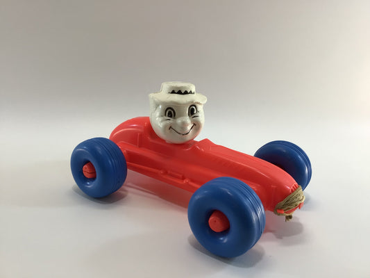 Blow Mold Pull Toy Race Car Hard Plastic No 7 Circus Clown Driver Red Orange with Blue Balloon Tires Boattail Era Style 10" Racer Vintage Dime Store