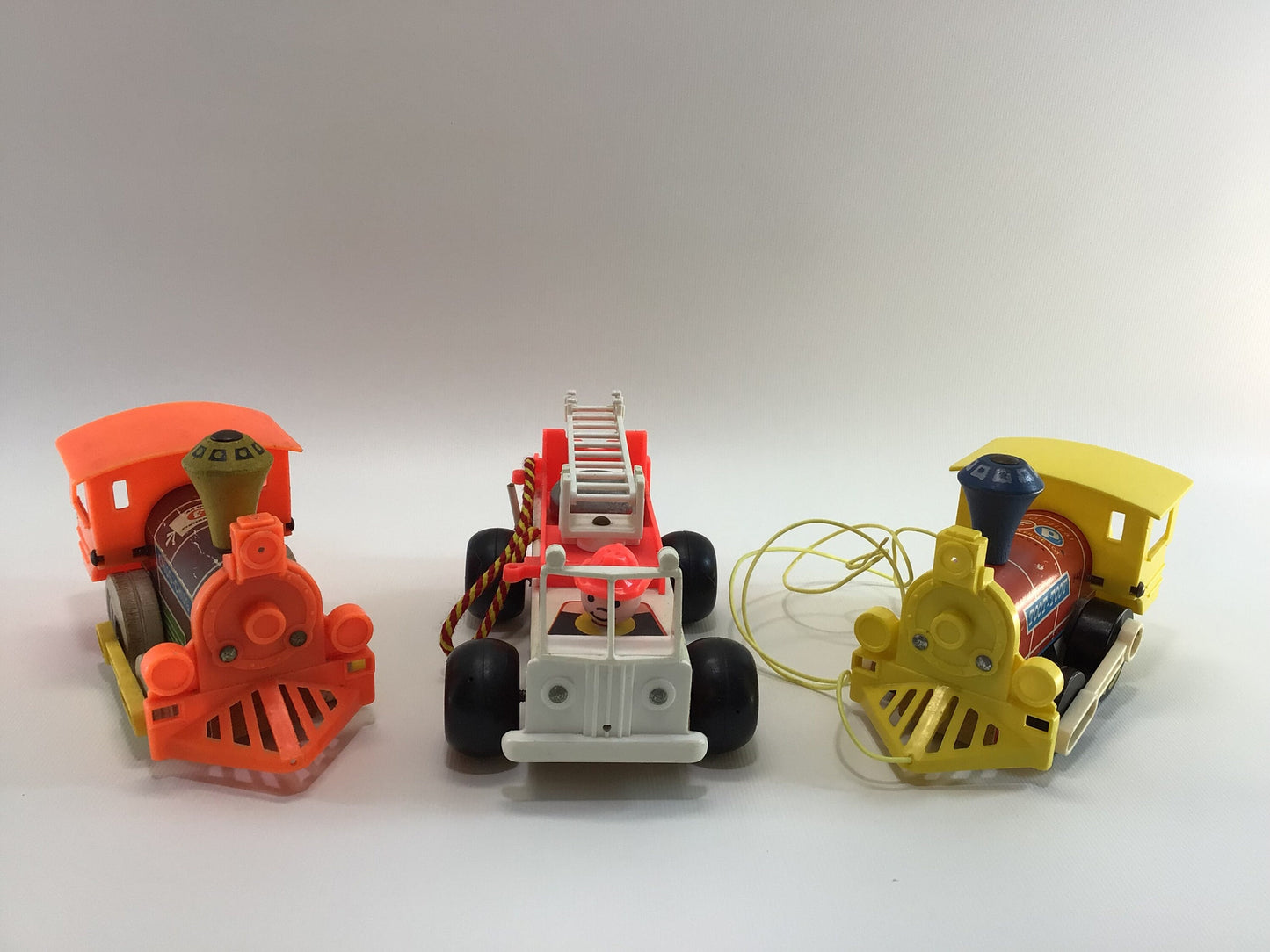 Fisher Price Pull Toys Lot of 3 Small Vintage Toddler Pretend Play Vehicles Chug Chug Fire Engine Toot Toot Mid Century Wooden Construction