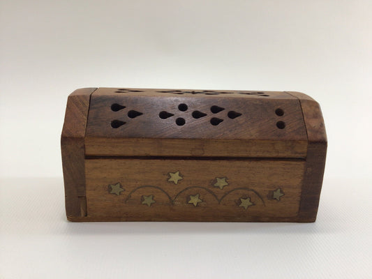 Small Incense Burner Vintage Hardwood and Brass Inlay Stars for 4" Stick and Cone Incenses