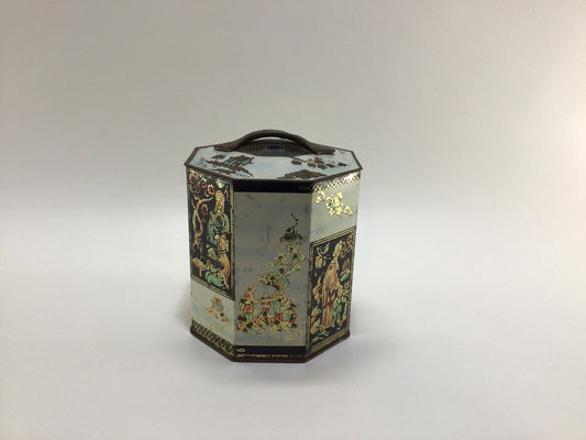 Tin Litho Asian Motif Biscuit Canister Peek Frean Company Limited London Vintage Decorative Utilitarian Storage Container Black White Gold