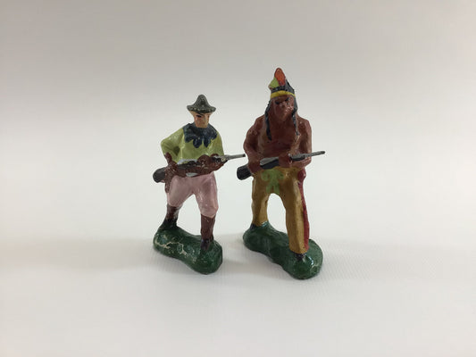 Vintage Western 3" Toy Figurines Cowboy and Native American with Rifles Paper Mache Construction Made in Japan